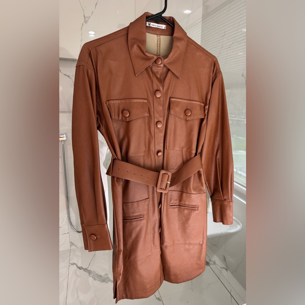 Brown Belted Faux Leather Jacket style Dress